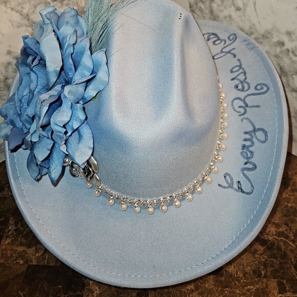 Christine 505 Designs Accessories - Custom Baby Blue Fedora burned Every Rose Has its Thorns